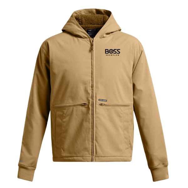 Tan Under Armour fleece jacket with hood, zip front, and BOSS Snowplow logo on left chest