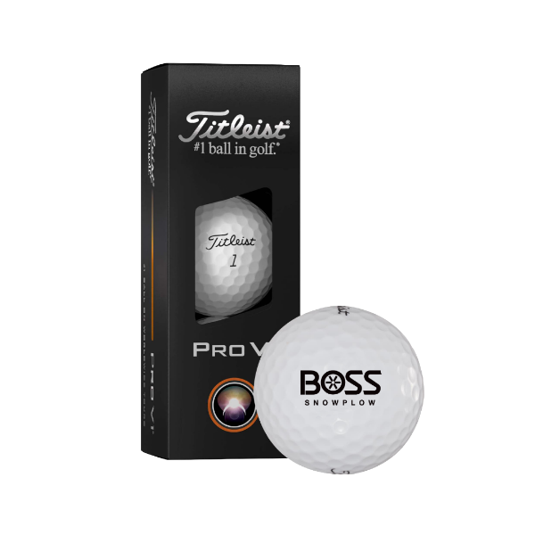 Titleist Pro V1 golf ball with BOSS Snowplow logo next to branded Titleist packaging box