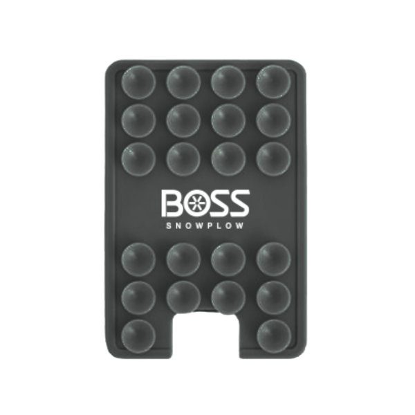 Black silicone suction phone mount with multiple suction cups and BOSS Snowplow logo centered on front