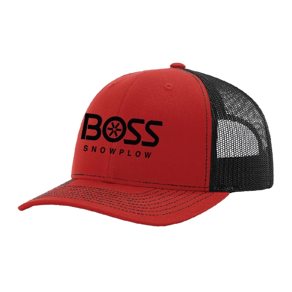 BOSS Snowplow red and black trucker hat front view with black logo