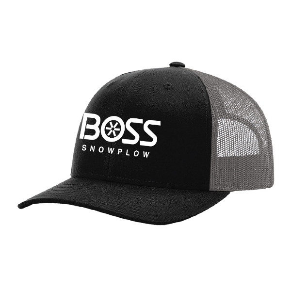 BOSS Snowplow black and charcoal trucker hat front view with white logo