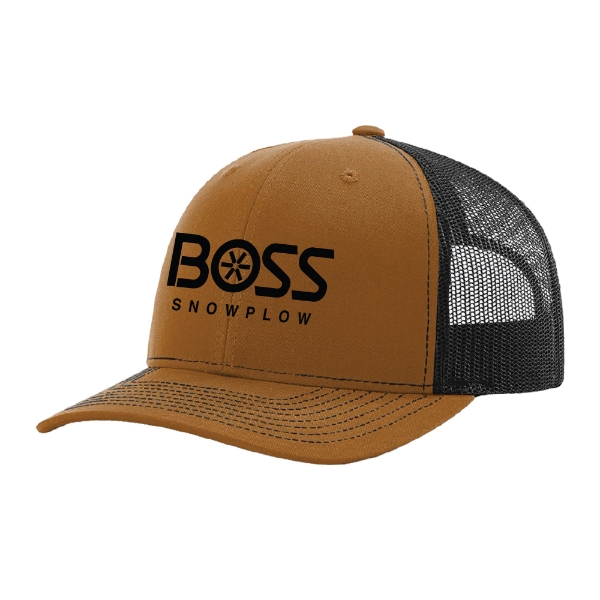 BOSS Snowplow caramel and black trucker hat front view with black logo