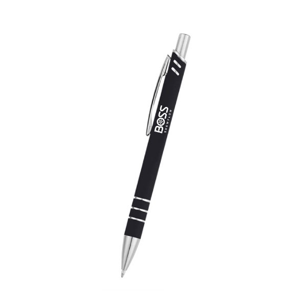 Matte black retractable pen with chrome accents and grip rings, decorated with a white BOSS Snowplows logo.